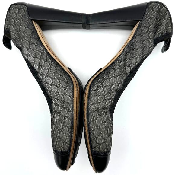 CHANEL Black Lace & Leather Elastic Heel Pumps Cap Toe IT 38.5 - Picture 8 of 13